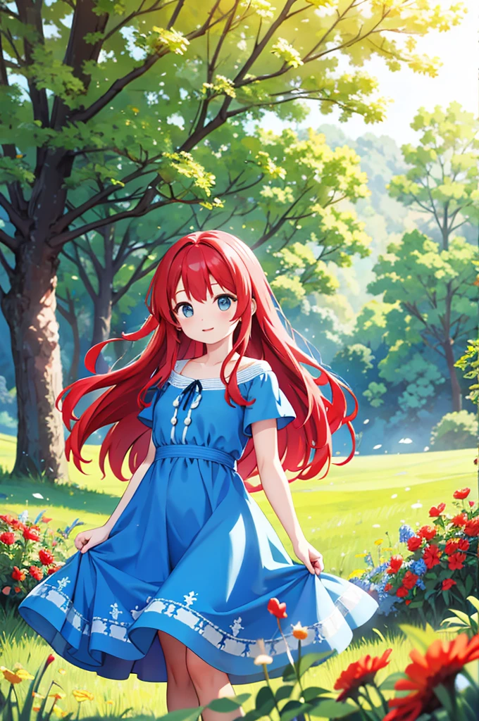 Beautiful woman with flowing red hair, wearing a flowing blue dress, standing in a field of wildflowers, with soft sunlight casting a warm glow on her face. Hyperrealistic digital painting by Alice X. Zhang and Audrey Kawasaki, 4k resolution.