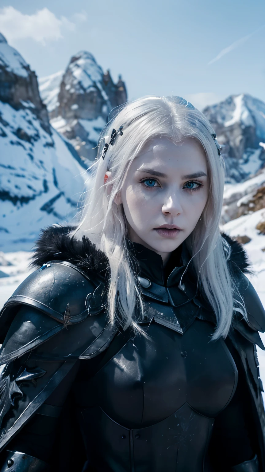 A portrait photo of beautiful girl, undead girl, scary face, pale white skin and white hair, blue eyes, developed body, wearing heavy death knight armor , black colored armors, the armors is highly detailed engraved and embossed. Black furry cape, ice hills background, snowy and icy environment, hyper realistic photo, medium shot, fantasy photo