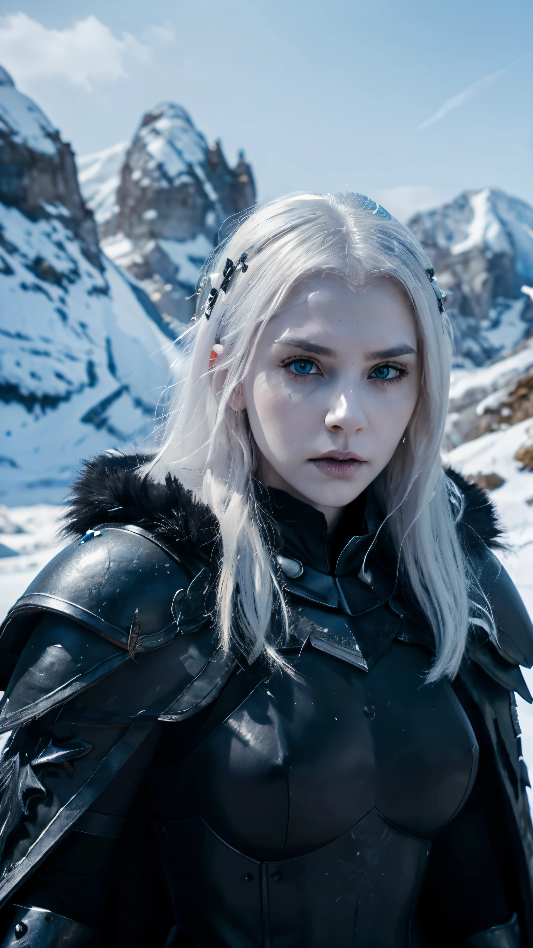 A portrait photo of beautiful girl, undead girl, scary face, pale white skin and white hair, blue eyes, developed body, wearing heavy death knight armor , black colored armors, the armors is highly detailed engraved and embossed. Black furry cape, ice hills background, snowy and icy environment, hyper realistic photo, medium shot, fantasy photo