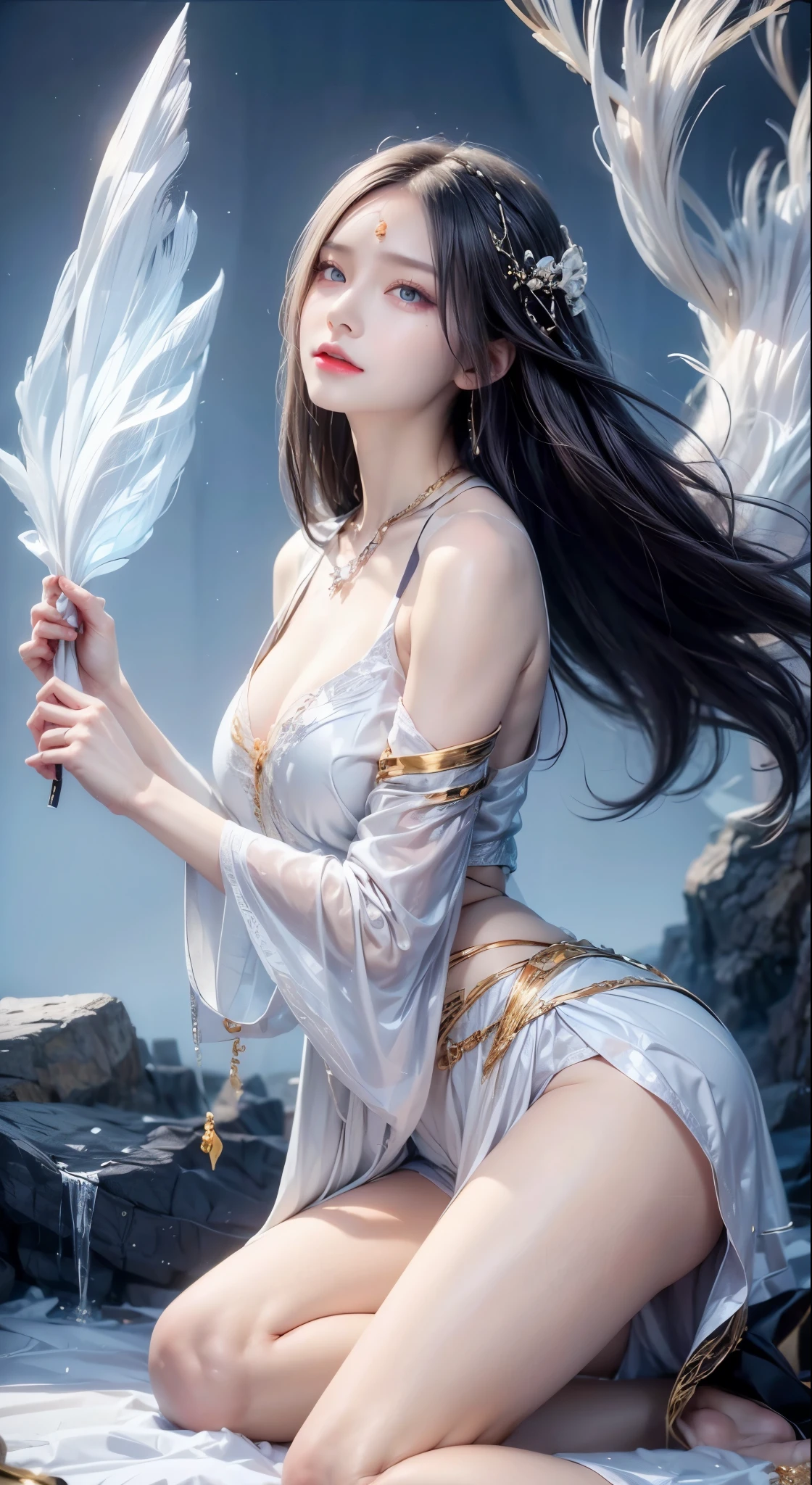 realistic, 1 women, best quality, 12k, HD, long hair, big round breasts, cleavage, ponytail, necklace, jewelry, shorts, short jacket, slim hips, hair tie, yellow eyes, black hair, super detailed, Eye details, hair details, person details, mouth details, face details, breast details, clothes details, hair details, pants details, hand details, whole body