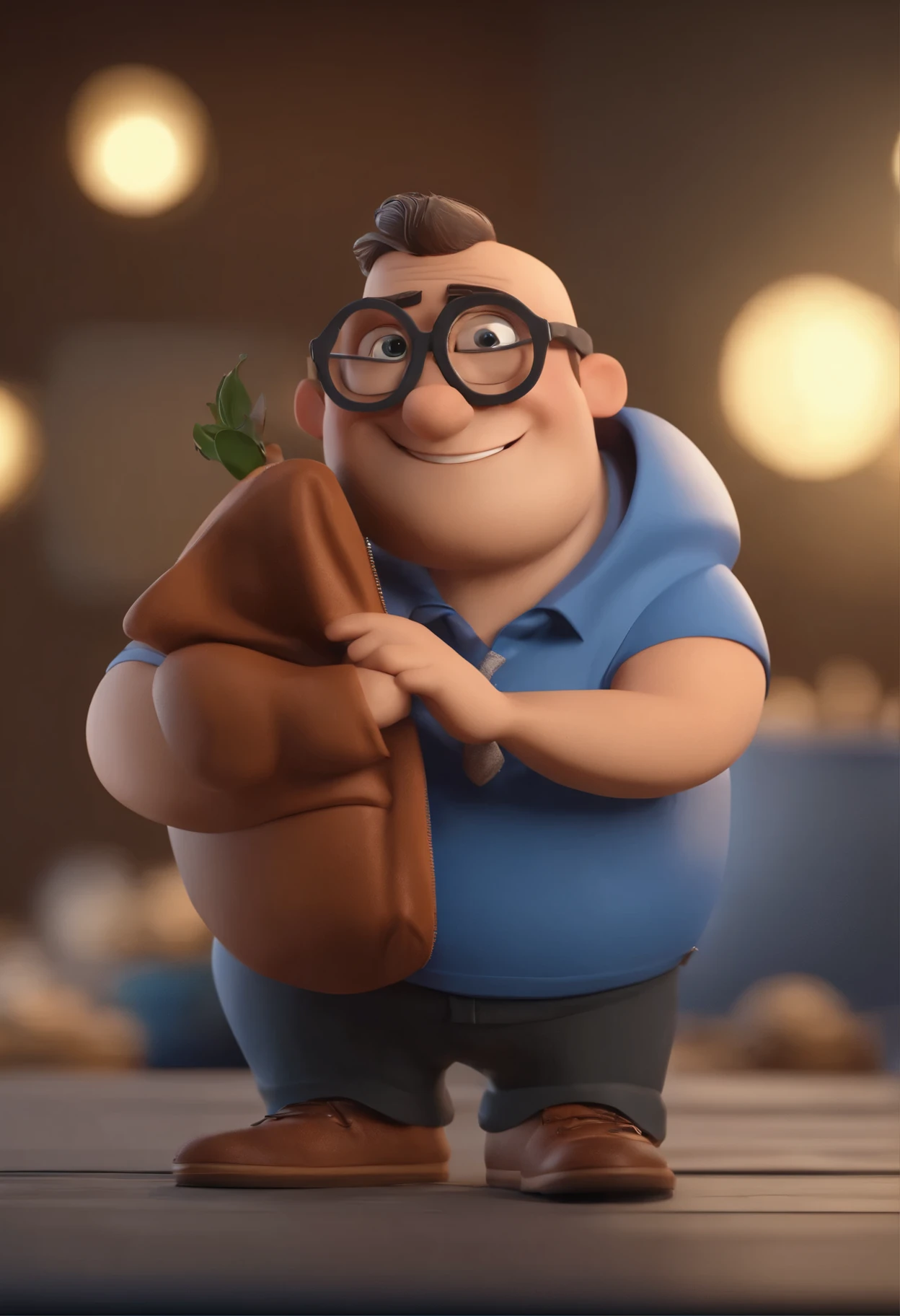 Cartoon character of a man wearing black glasses and a blue shirt, um personagem animado, Caractere estilizado, animation style rendering, 3D estilizado, Arnold Maya rendering, Stylized 3D rendering, toon render screenshot, Personagem 3D, Personagem 3D, Stylized 3D rendering, 3D character rendering, personagem de desenho animado, Personagem de close up, Pose de personagem, (Estilo Pixar) (parte mestre:1.2) (Bokeh) (melhor qualidade) (pele detalhada) (textura detalhada) (8k) (argila) (cinematic lighting) (sharp focus,Senta e vaza a parte superior do corpo
