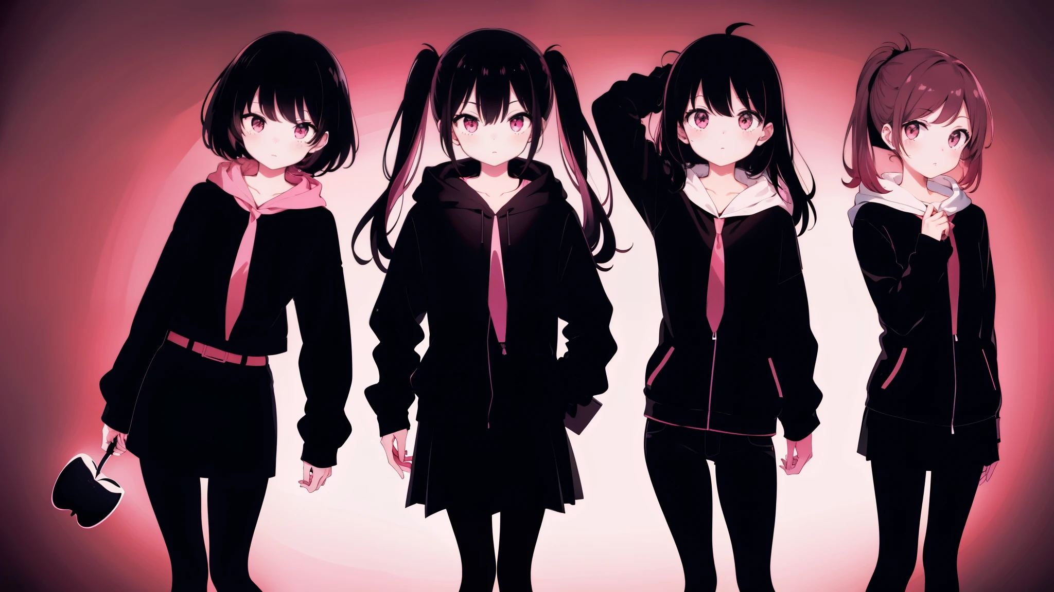 three girl silhouette's standing, dark pink background, facing viewer, cute, facing viewer, bad_apple, monochrome pink and black
