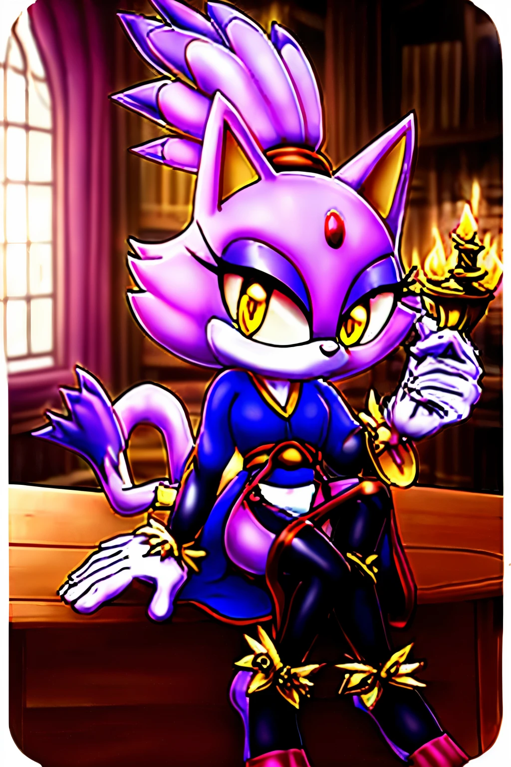 Blaze the Cat ((wearing open transparent mage robes with ornate detail and patterning)), sitting on wooden table pulling up and putting on stockings, ornate glowing tome with knife stuck into it, interior of mystical castle cannabis sativa library with candlelit atmosphere