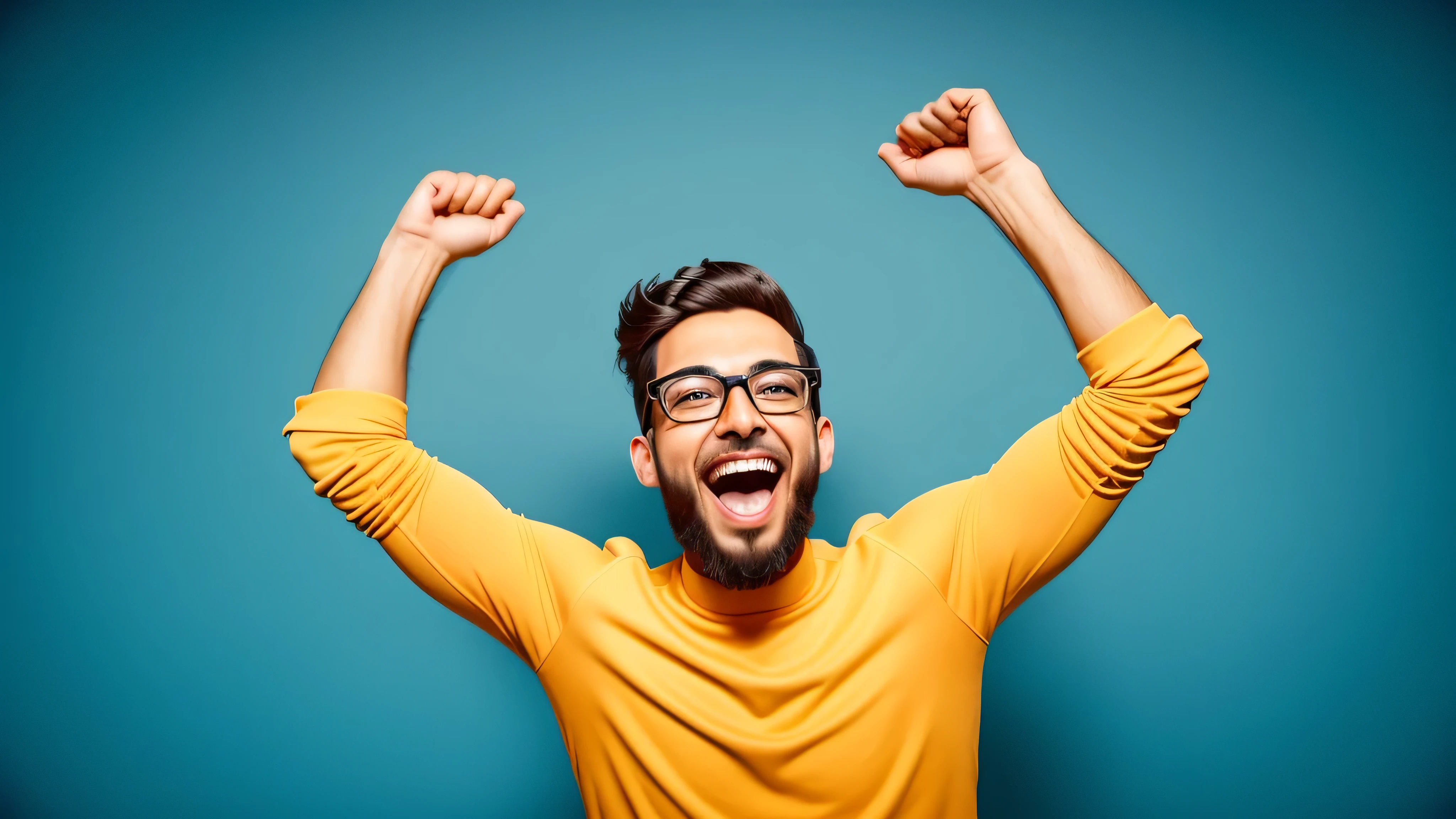 slim man with glasses and beard raising his arms in the air, ser encantado e alegre, showing victory, Pose(Arms up + feliz), muito muito feliz, muito Excitado, Excitado, excited expression, he is very happy, vibrant and dynamic, muito muito feliz!, very feliz, with Arms up, solid track record, Ricky Berwick, all overly excitado