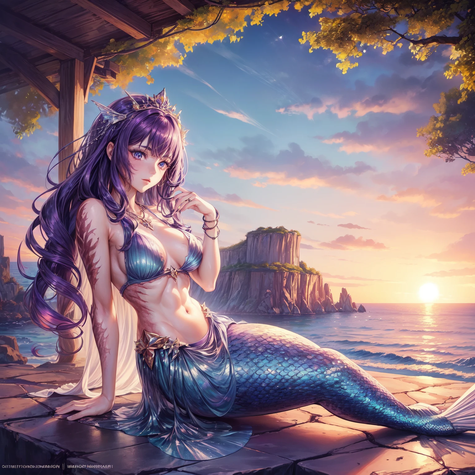 glamour, fashion photo, beautiful, 18 years old, girl with messy purple hair, skinny, mermaid girl sitting on rock near sea, mermaid body and tail with shiny scales, pure eyes, makeup, details, higly detailed, Fashion Magazine, sunset, rim light, cinematic lighting, (burn scar on the right side of the face:1.3), (burn scar on the right side of the body:1.3), (clear left side of the body:1.2), hair over right eye, ((disheveled hair)), stands half-turned, no underwear, full height, abs, fit girl, (great proportion:1.2), (mediuml breast:1.2), 8k, tiara, necklace, 