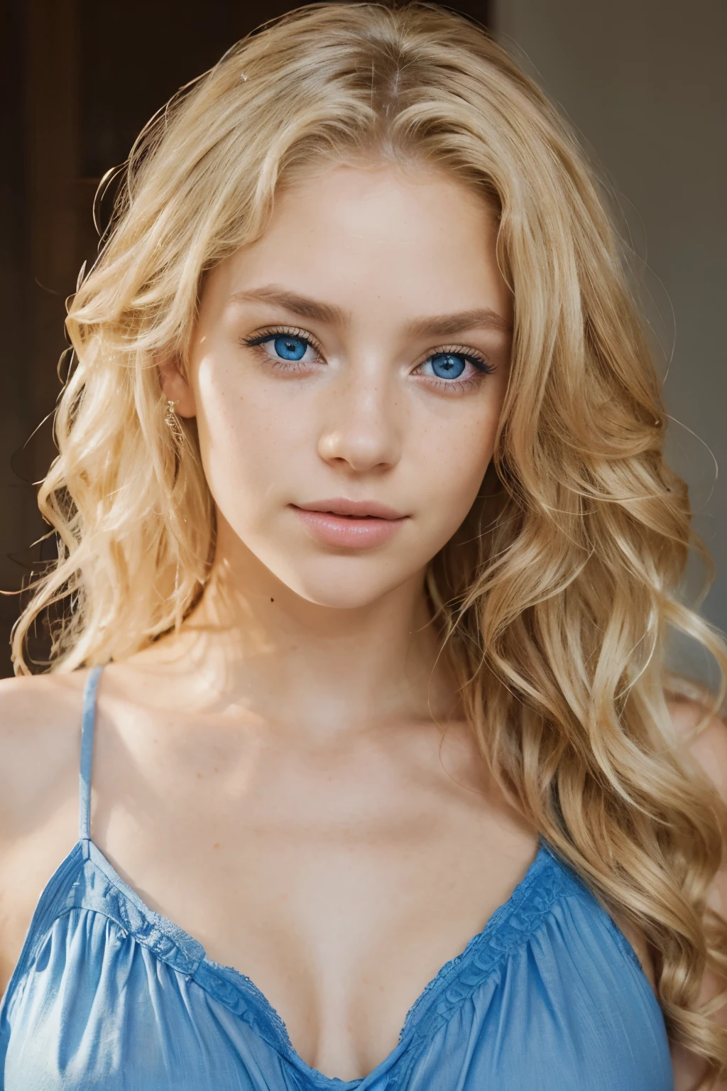 beautiful blonde, beautiful white dress (22ans, visage innocent, naturally wavy hair, blue eye), happy full body selfie, best quality, ultra detail