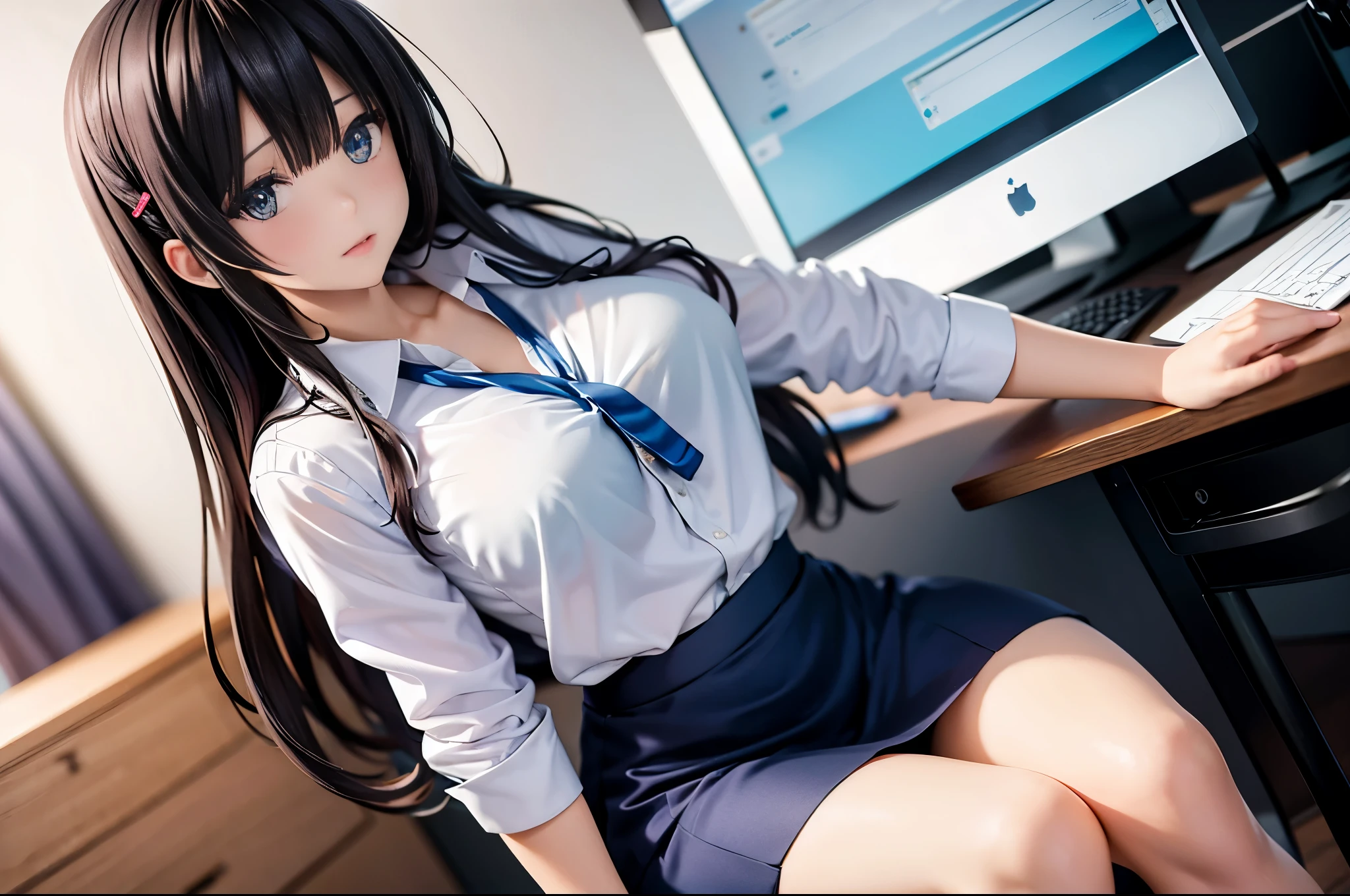 long hair, breasts, looking at viewer, blush, bangs, blue eyes, multiple girls, skirt, large breasts, brown hair, shirt, black hair, hair ornament, holding, 2girls, brown eyes, sitting, blue hair, white shirt, pantyhose, sweat, parted lips, solo focus, hairclip, collared shirt, indoors, miniskirt, blurry, blue skirt, dress shirt, blurry background, chair, flying sweatdrops, desk, sleeves rolled up, pencil skirt, high-waist skirt, paper, shirt tucked in, office lady, id card, monitor, holding paper, lanyard, office chair, office