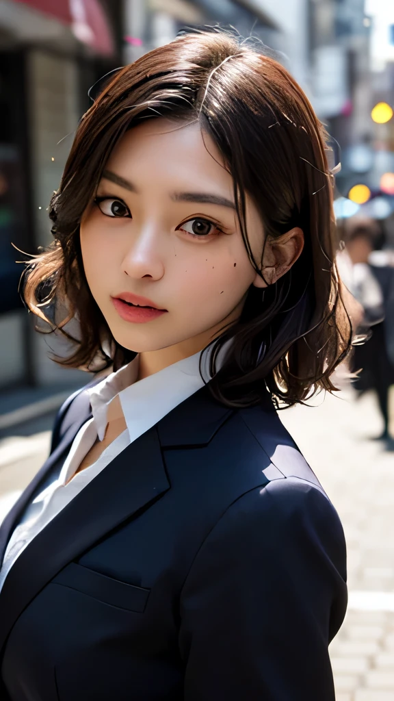 hires, sunlight, Backlight, ((cinematic light, ray tracing)), (masterpiece),((Super detailed)), (Detailed CG illustration), (highest quality:1.2),(1 girl:1.2),fine texture, intricate details, fine texture, high quality shadow, realistic facial expression, Fine, beautiful and delicate face, Are you okay, beautiful and delicate eyes, blue eye pupil, perfectly proportioned face, written boundary depth, perspective,20th generation, glossy lips, perfect body, Medium chest, clear_image, focus only, (brown hair), (((Perm Straight Hairstyles))), (Are you okayly drawn beautiful eyes and detailed face), light source contrast, ((medium hair)), 21 years old, Tokyo street background, suit style, Tailored Suits, dress shirt, tie, Pocket Square, dress shoes, Cufflinks, formal wear, Medium chests,