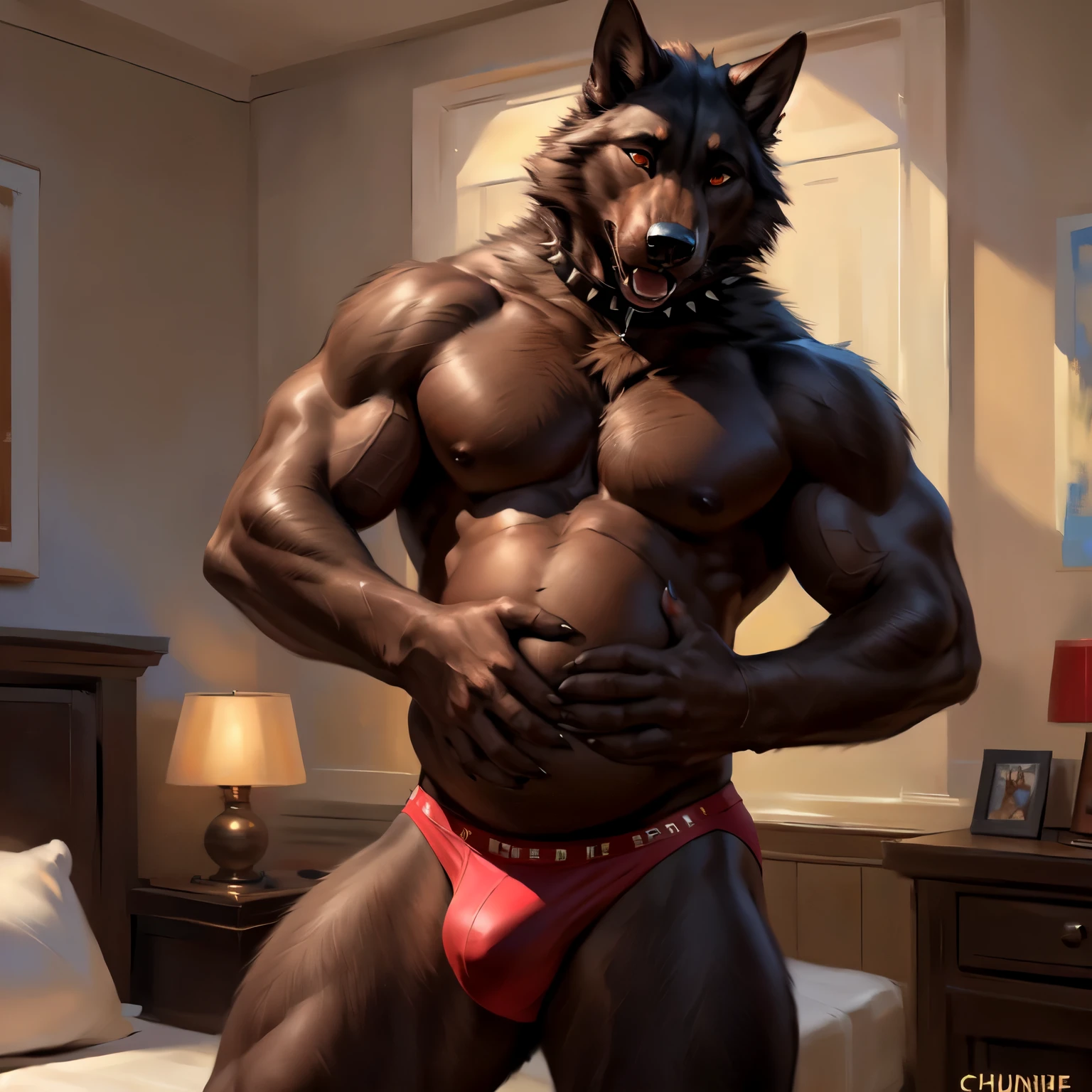 (by Chunie, by taran fiddler) male, black wolf (black wolf with red fur details), fursona, rubbing belly (touching belly:1.3), wearing spiked collar, athletic body ((correct anatomy:1.3)), panting, round bloated belly (with some muscle), muscle gut, bulge, red thong underwear, bedroom enviroment