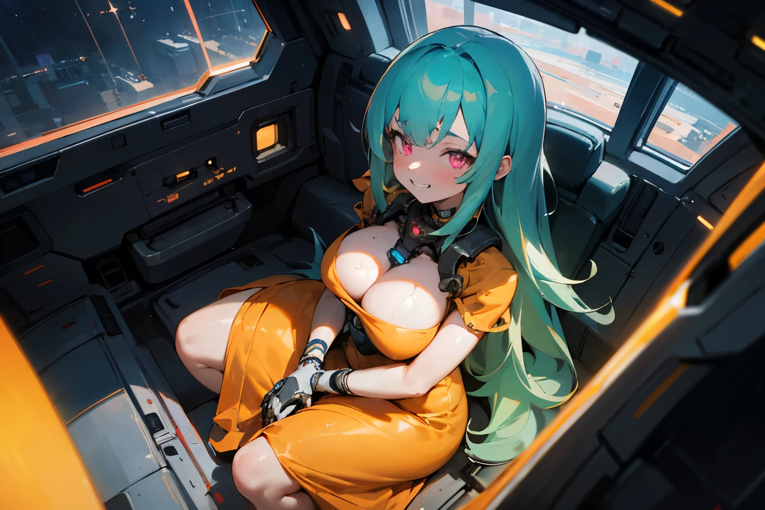 1girl, long blue green hair, pink eyes(glowing), goggles, thick figure, grinning, blushing, thick adult body, voluptuous, pale skin(extreme), wires extending, wire plugged into neck, orange dress(intricate ornamentation), wet skin, chiaroscuro, raypunk gothic, spaceship cockpit, laying on pilot seat, cosmic, stars outside, absurdes, high res, ultrasharp, 8k, masterpiece, from above, looking at viewer