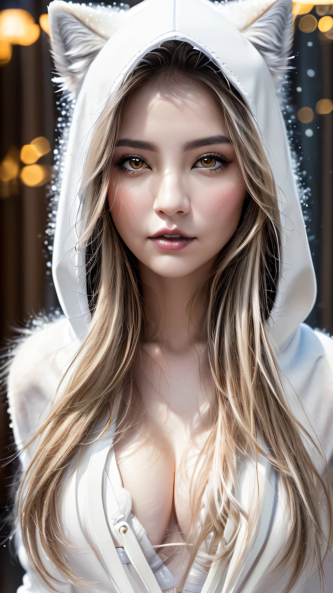 Ultra-realistic、 ultra-detailed portraits、 最high quality、 8K、highest level、 The ultra -The high-definition、(Super beautiful detailed face:1.5)、(detailed eyes:1.2)、(detailed lips:1.2)、(Detailed nose:1.2)、cinematic lighting、(anatomically correct:1.3)、((cleavage))、(I encourage you to choose a subdued and perfectly coordinated background for your phenomenal, diverse random creation)、(Use any technique of combining materials, natural, artificial, (light, heavy, airy), metals, elements and fantasy magic, any style, any outfit, choose eyes color, ((hair is a different color than eyes)), dynamic random fancy, professional hairstyles)、1girl:1.4 22years old、fashion supermodel、real:1.66、photorealistic:1.66、(very delicate and beautiful、fine details:1.3)、masterpiece、 最high quality、 (high quality)、 (absurdres)、 (sharp fous)、(Glamour, paparazzi taking pictures of her)、 contrast、 (dark shot:1.07)、red_lipstick:1.25、((perfect round eyes))、((snow-white realistic natural wolf skull as a hood with raw wolf fur:1.33))、(matte skin:1.3)