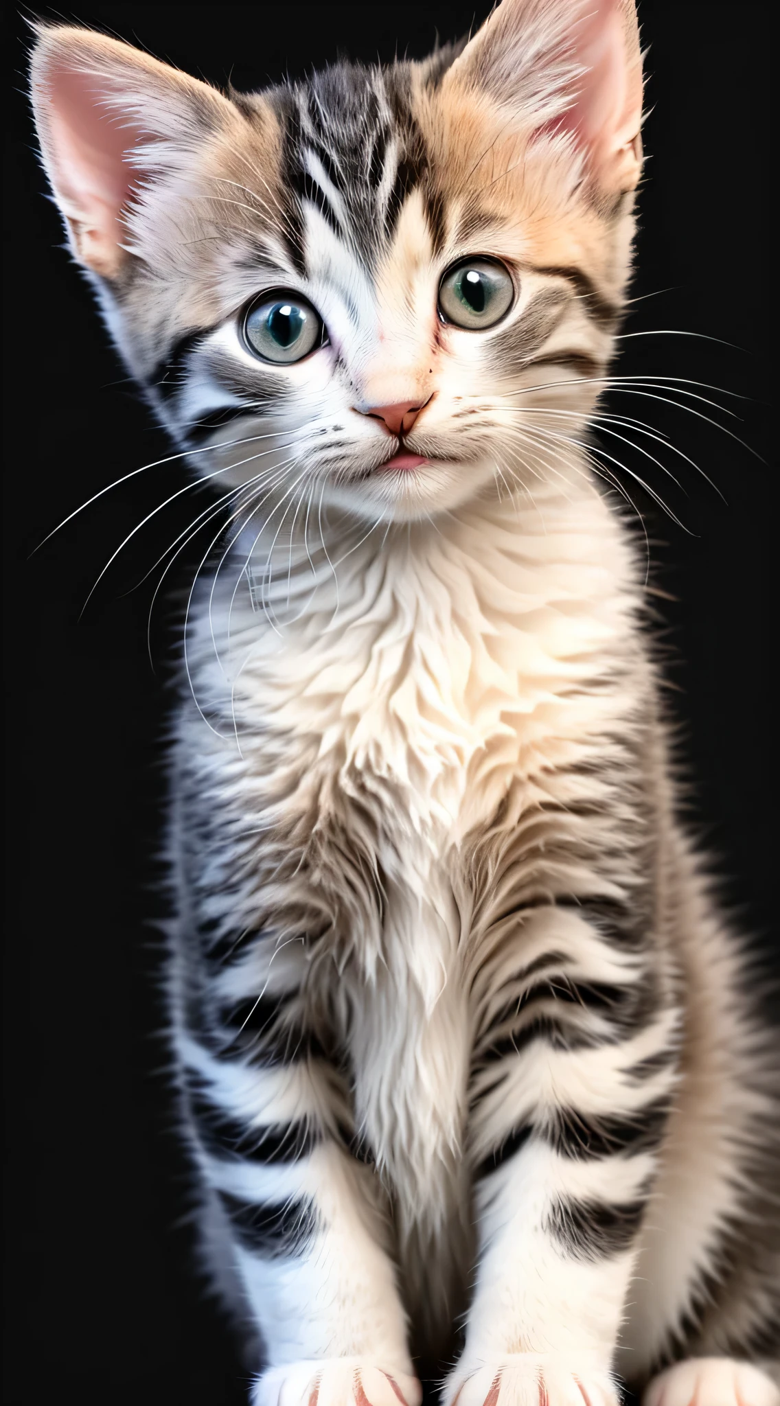 cute kitten, grey white tabby, smiling, black background, 