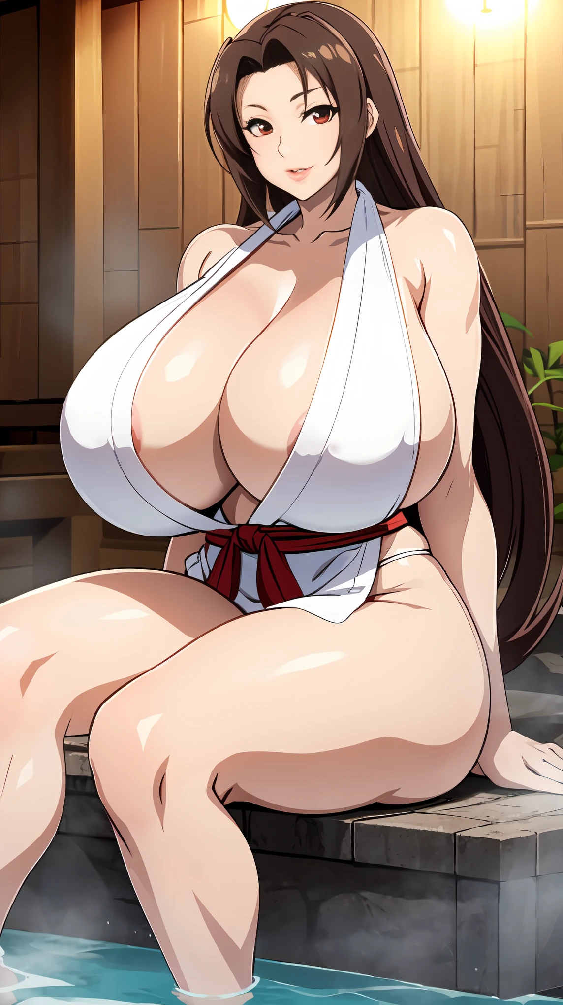 Mai Shiranui, anime, king of fighters, big breasted, gigantic breasts, long hair, long saggy breasts, High definition, sitting down, dark brown hair, spa, spa room, towel