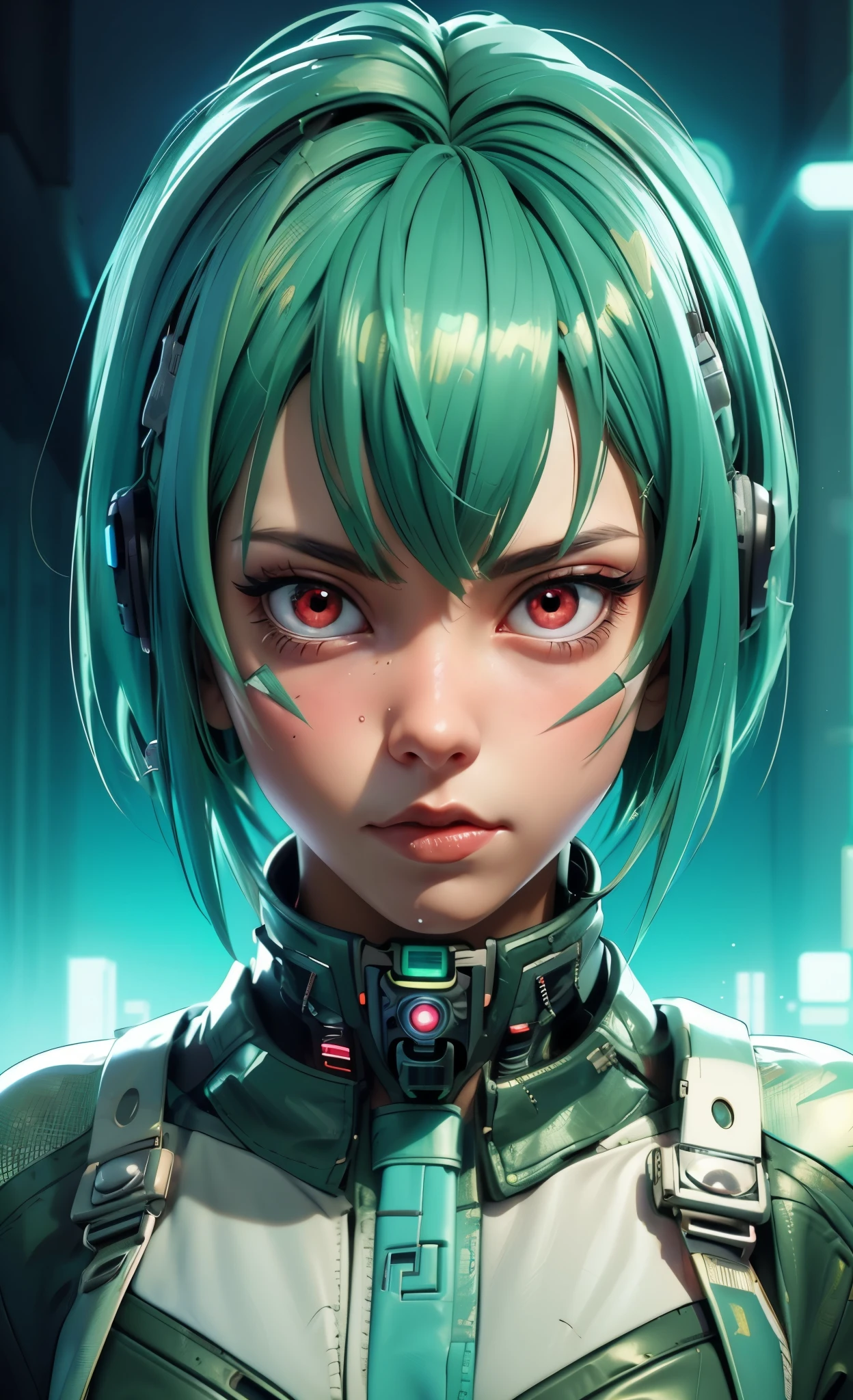 a close up of a person with green hair and red eyes, perfect android girl, digital cyberpunk anime art, digital cyberpunk - anime art, cyberpunk anime girl, female cyberpunk anime girl, anime cyberpunk art, cyberpunk anime girl mech, anime cyberpunk, anime style 4 k, cyberpunk anime art, beautiful cyberpunk girl face, dreamy cyberpunk girl, modern cyberpunk anime, cyber style