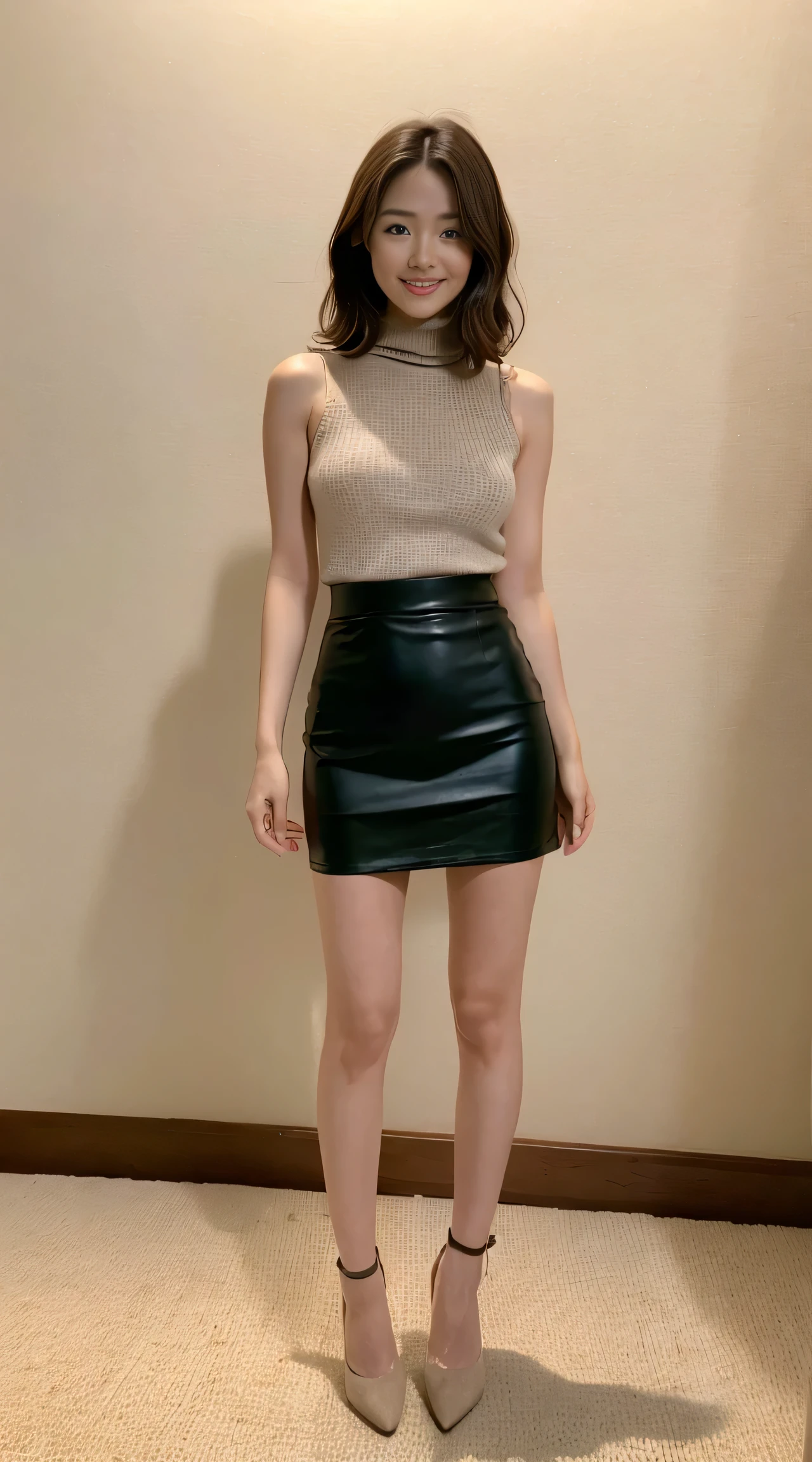 (highest quality, 8K, 32K, table top, nffsw:1.2), 1 girl, beautiful japanese woman, Natural light, hotel room, tight waist, Rib knit mock neck sleeveless tops, (Leather Tight Mini Skirt), detailed face, short hair, ankle strap high heel pumps, gray suede high heel pumps, smile a little, (closed mouth), look at the viewer, ((Full body standing))