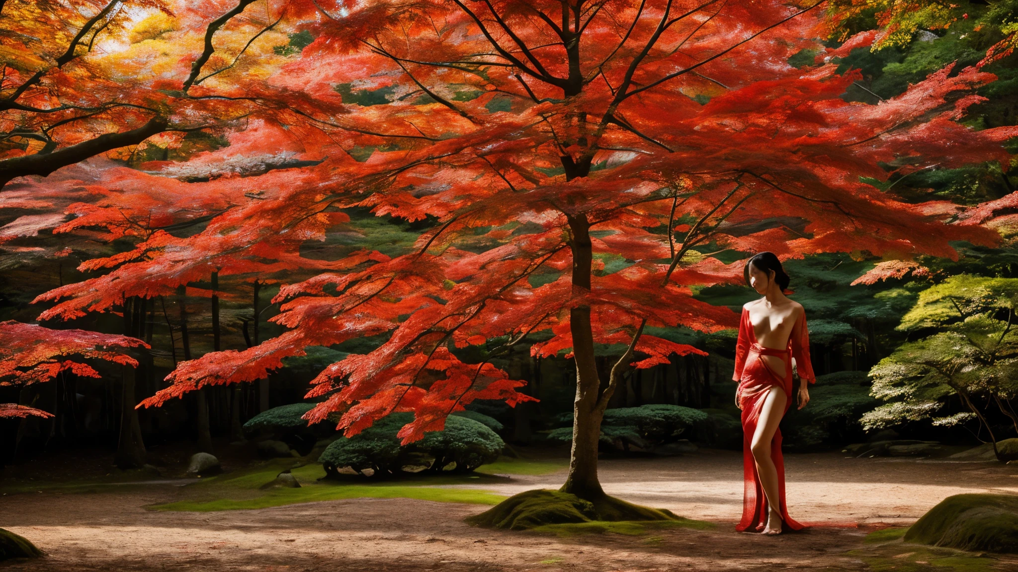 nude japanese woman wrapped in transparent silk red cloth in Japanese red tree forest, elegant standing pose, calm and peaceful, vibrant, high detail, realistic, cinematic