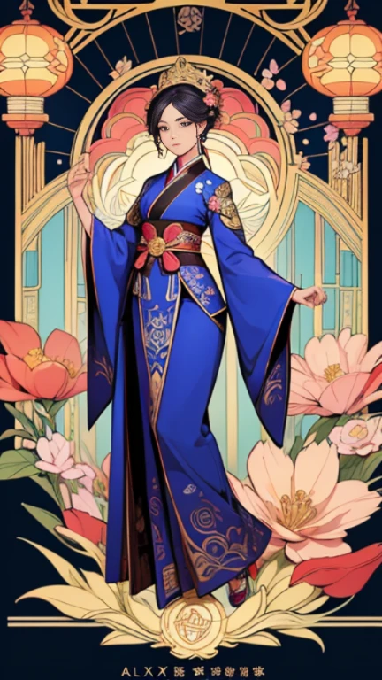 Classical tarot card style, Art Nouveau, Alex Solis stlye, Anime, Korean traditional queen hanbok, A very beautiful Korean girl, Glamorous, Look ahead, Perfect full body, Perfect figure, perfect finger, Women are surrounded by complex designs and colorful flowers in traditional Korean patterns, Background is reminiscent of stained glass or elaborate metalwor
