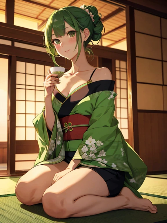masterpiece, top quality, 4K UHD,
a beautiful woman, sitting straight, tatami mat, looking up, anime,
traditional Japanese inn room, warm ambiance,
slightly opened door, Japanese artwork on walls,
shoji screens, tatami flooring,
anime no seppuku,
beautiful woman's kimono, intricately designed, exposing shoulders and collarbone,
dignified expression, slightly slit eyes, slight blush on cheeks,
bright green hair, no bangs, tied up in a neat chignon,
obviously a maiden of high class, holding a tea cup gently in her