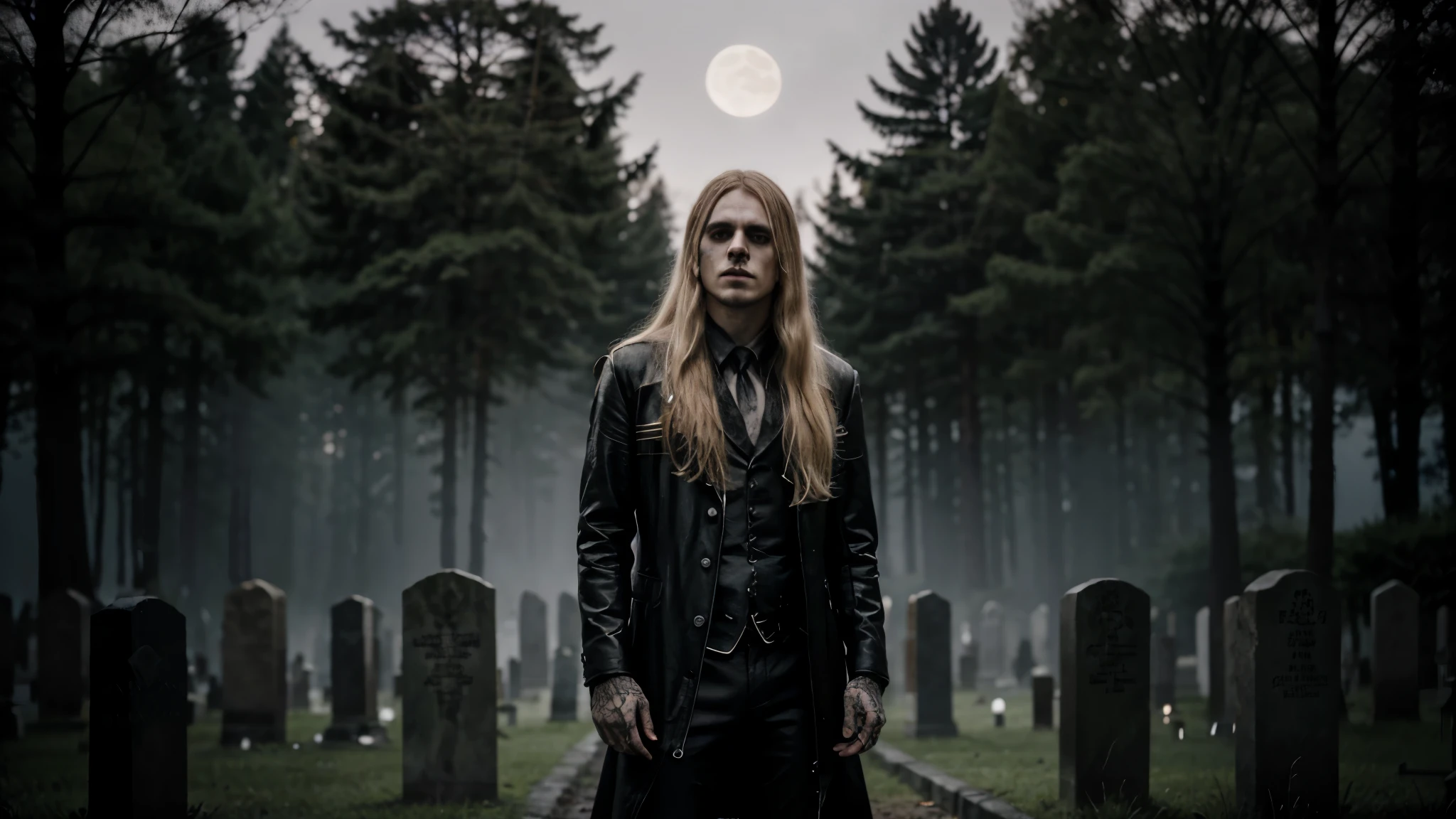 Create an image of a young man with long blond hair, member of a black metal band, wearing corpse paint in his face, standing in a sinister cemetery at night in Sweden. The cemetery is surrounded by thick fog, and the only light comes from the moon and the stars. The trees are bare, and the air is cold and crisp. The tombstones are old and weathered, and the names of the dead are barely legible.  he is all wearing black leather clothes.