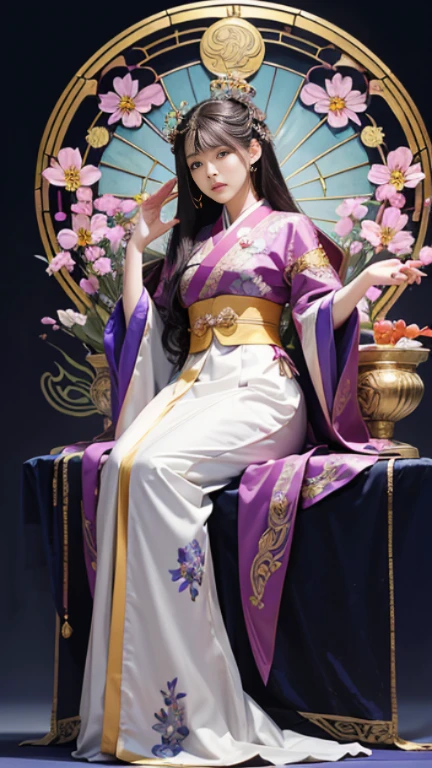 Classical tarot card style, Art Nouveau, Alex Solis stlye, Anime, Korean traditional queen hanbok,  A very beautiful Korean girl, Glamorous, Look ahead, Perfect full body, Perfect figure, perfect finger, Women are surrounded by complex designs and colorful flowers in traditional Korean patterns, Background is reminiscent of stained glass or elaborate metalwor