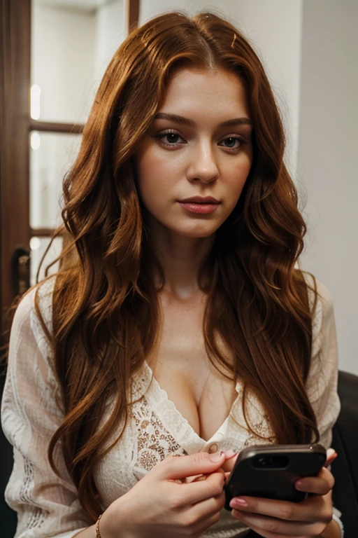 Russian Ginger woman with curly long hair marketing manager hyperrealistic looking at her smartphone