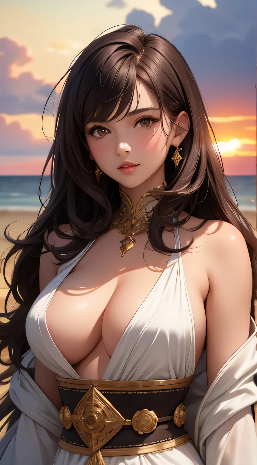 (masterpiece, best quality), intricate details, thin, beautiful girl, brown hair, white skin, hazel eyes, sharp jawline, revealing mage robes, cleavage, large breasts, messy hair, lips, upper body, close up, smirk, sunset beach setting,