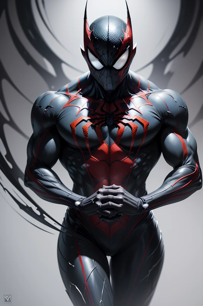 In this extraordinary artwork, we encounter a venom-spiderman hybrid whose appearance is meticulously portrayed. The primary subject is a fusion of Spiderman and the venom symbiote, exuding a captivating aura. The composition presents an impeccably detailed painting, showcasing the hybrid's sleek black costume covered in subtle textures, providing depth and richness to the overall image. Its menacing eyes gleam with vivid intensity, radiating a potent combination of power and darkness. The meticulous brushwork and expert shading effortlessly bring this enthralling figure to life, leaving viewers mesmerized by the high-quality execution of this uncanny creation.