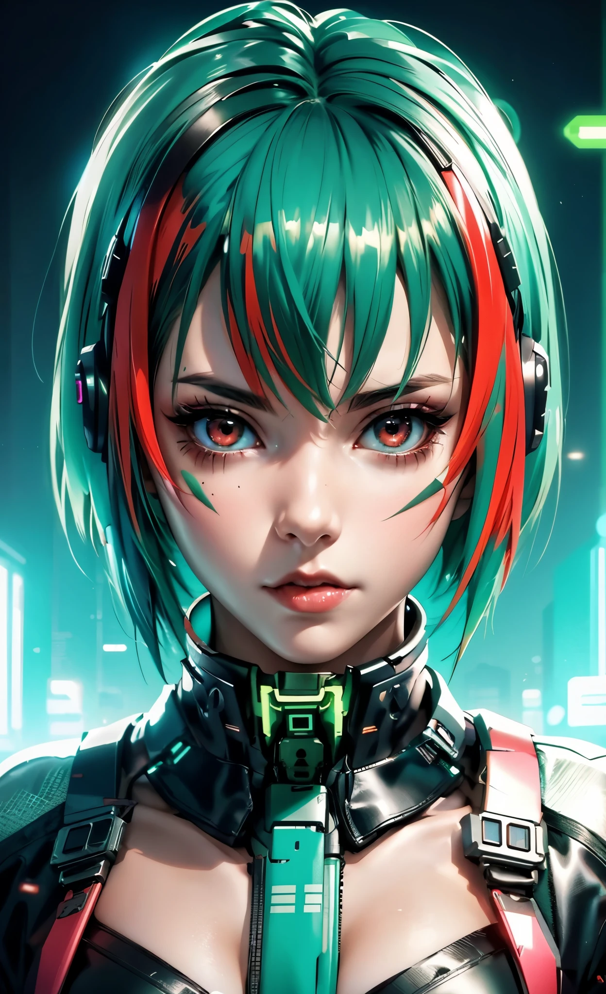 a close up of a person with green hair and red eyes, perfect android girl, digital cyberpunk anime art, digital cyberpunk - anime art, cyberpunk anime girl, female cyberpunk anime girl, anime cyberpunk art, cyberpunk anime girl mech, anime cyberpunk, anime style 4 k, cyberpunk anime art, beautiful cyberpunk girl face, dreamy cyberpunk girl, modern cyberpunk anime, cyber style