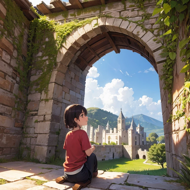 Chico deprimido en un castillo medieval y gotico