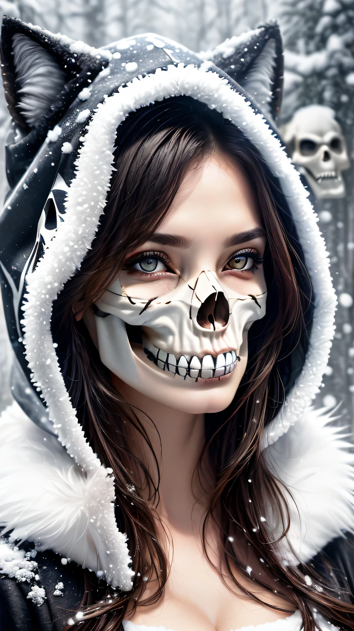 Ultra-realistic、 ultra-detailed portraits、 最high quality、 8K、highest level、 The ultra -The high-definition、(Super beautiful detailed face:1.5)、(detailed eyes:1.2)、(detailed lips:1.2)、(Detailed nose:1.2)、cinematic lighting、(anatomically correct:1.3)、((cleavage))、(I encourage you to choose a subdued and perfectly coordinated background for your phenomenal, diverse random creation)、(Use any technique of combining materials, natural, artificial, (light, heavy, airy), metals, elements and fantasy magic, any style, any outfit, choose eyes color, ((hair is a different color than eyes)), dynamic random fancy, professional hairstyles)、1girl:1.4 22years old、fashion supermodel、real:1.66、photorealistic:1.66、(very delicate and beautiful、fine details:1.3)、masterpiece、 最high quality、 (high quality)、 (absurdres)、 (sharp fous)、(Glamour, paparazzi taking pictures of her)、 contrast、 (dark shot:1.07)、red_lipstick:1.25、((perfect round eyes))、((snow-white realistic natural wolf skull as a hood with raw wolf fur:1.43))、(matte skin:1.3)