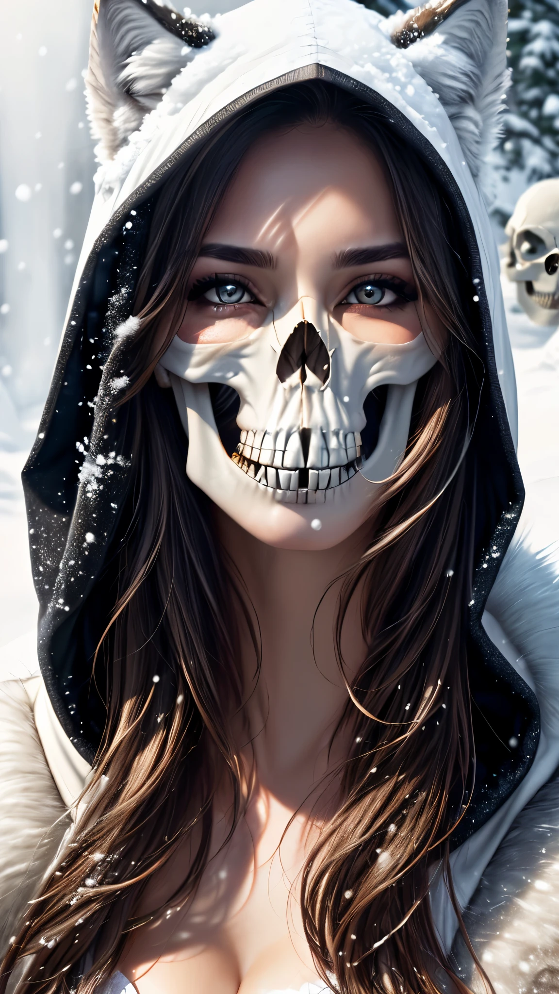 Ultra-realistic、 ultra-detailed portraits、 最high quality、 8K、highest level、 The ultra -The high-definition、(Super beautiful detailed face:1.5)、(detailed eyes:1.2)、(detailed lips:1.2)、(Detailed nose:1.2)、cinematic lighting、(anatomically correct:1.3)、((cleavage))、(I encourage you to choose a subdued and perfectly coordinated background for your phenomenal, diverse random creation)、(Use any technique of combining materials, natural, artificial, (light, heavy, airy), metals, elements and fantasy magic, any style, any outfit, choose eyes color, ((hair is a different color than eyes)), dynamic random fancy, professional hairstyles)、1girl:1.4 22years old、fashion supermodel、real:1.66、photorealistic:1.66、(very delicate and beautiful、fine details:1.3)、masterpiece、 最high quality、 (high quality)、 (absurdres)、 (sharp fous)、(Glamour, paparazzi taking pictures of her)、 contrast、 (dark shot:1.07)、red_lipstick:1.25、((perfect round eyes))、((snow-white realistic natural wolf skull as a hood with raw wolf fur:1.43))、(matte skin:1.3)