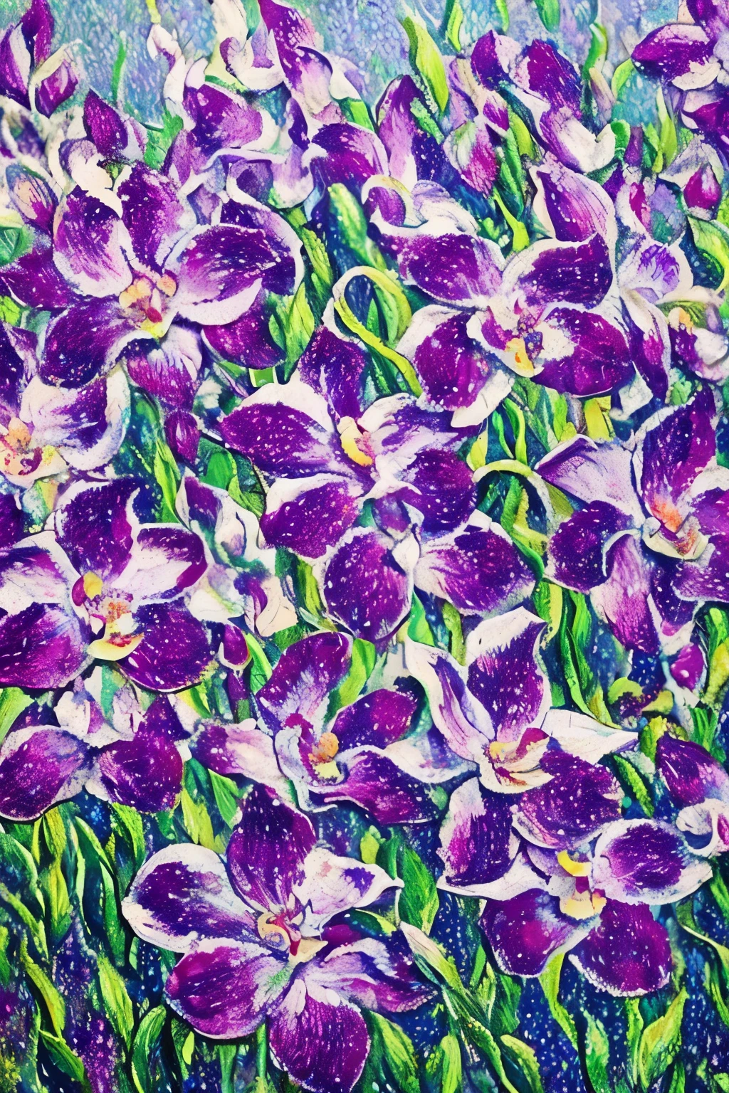 Pointillism, impressionism, surreal, Orchids, flowers pattern, abstract, pointillism