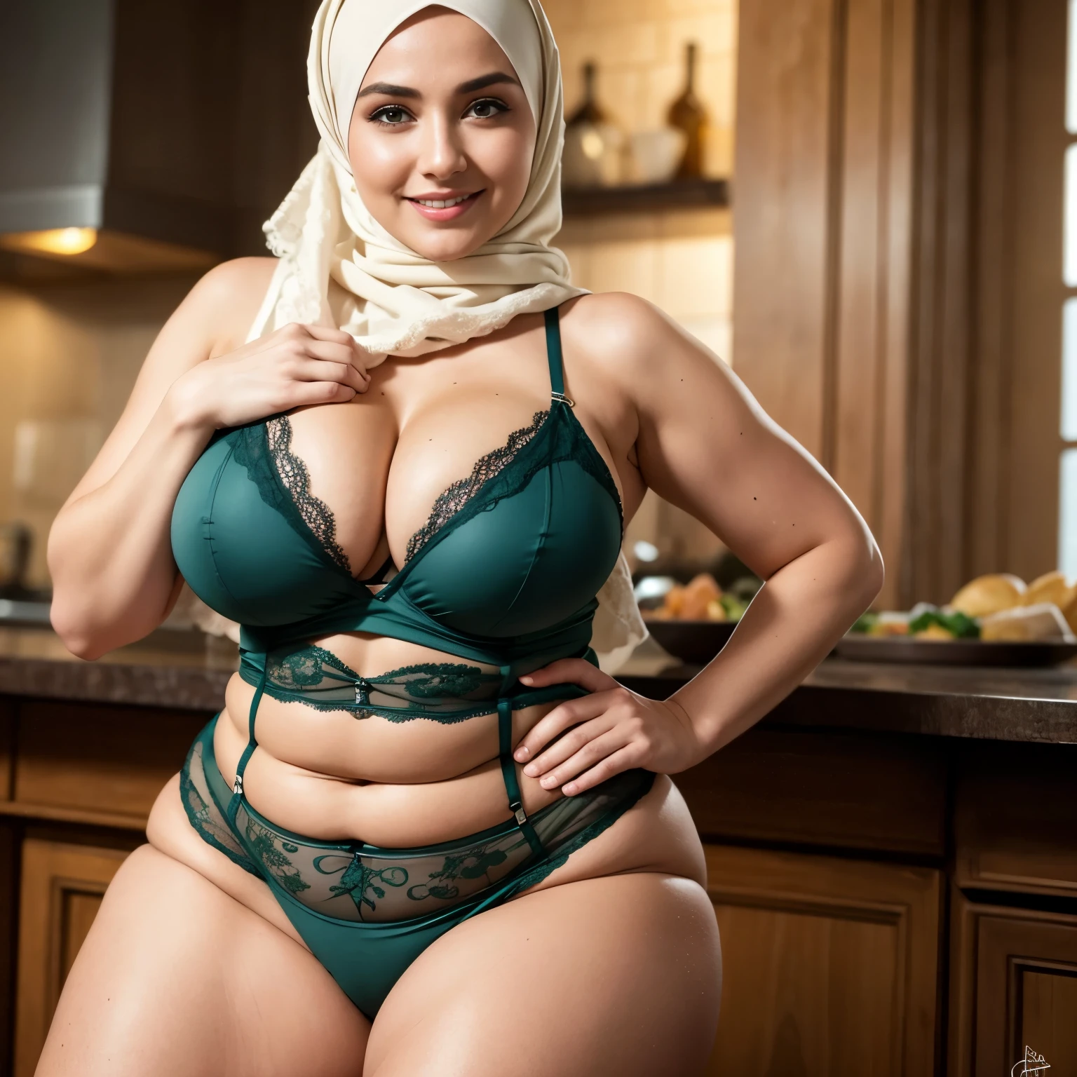 (fermer),BRUT, best quality, high resolution, chef-d&#39;artwork: 1.3), Belle femme malaise en hijab,chef-d&#39;artwork, perfectly fitted body, ((huge breast)), de grands yeux magnifiques, Sourire doux,beau visage,thick thighs, lingerie couleur verte, dentelle