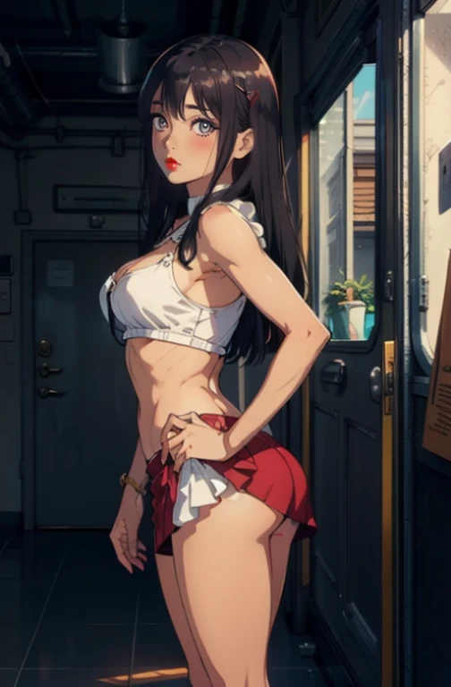 Dynamic poses, ultra detail, small breast, top quality, masterpiece,detail face, top quality, jewellery, elegant, blush, navel, six pack, body goals:1.5, hair ornament, full body shot, 1female,(Very detailed CG unity 8K wallpaper),best qualtiy,cinematic lighting,beatiful detailed eyes,Bright pupil,Redlip(Very fine and beautiful),(Beautiful and detailed eye description),ultra - detailed,masterpiece,), exposed cleavage, tight skirt, stocking:1.5, handsock:1.2, multiple views, ass, medium dark skin