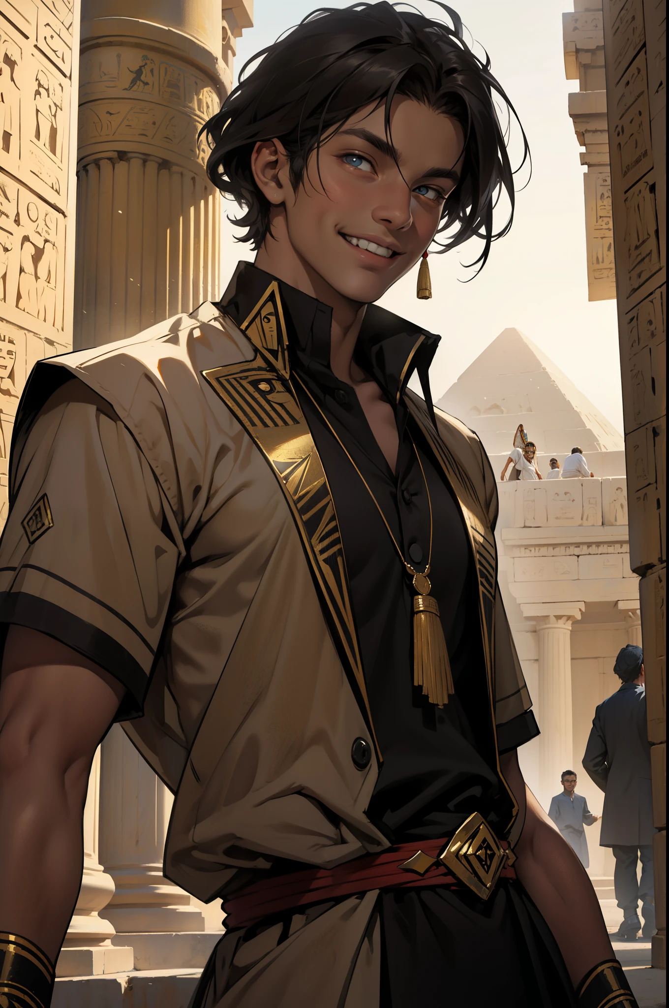 beautiful young man of 14 years of age, dark skin in the background, the ancient Egyptian smiles with a mischievous smile , tiene ojos verdes ,  sin camisa traje tribal antiguio del egipto