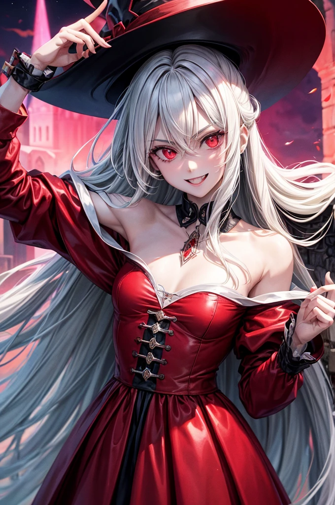 Maximum quality 8k image, personaje masculino, Alucard van Hellsing, hiperrealista, 3d, sonriendo con locura, de fondo un castillo de vampiros, tiene dos brazos con dos manos bien formadas con 5 dedos cada mano, solo un personaje, lleva su ropa de color rojizo.