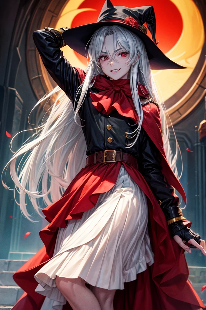 Maximum quality 8k image, personaje masculino, Alucard van Hellsing, hiperrealista, 3d, sonriendo con locura, de fondo un castillo de vampiros, tiene dos brazos con dos manos bien formadas con 5 dedos cada mano, solo un personaje, lleva su ropa de color rojizo.