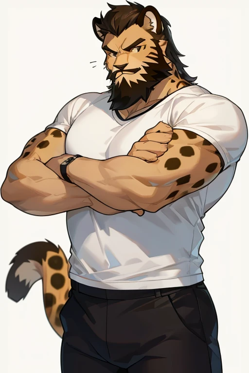 cheetah-human, male, taller, black pants, white t-shirt, solo, non-human, teen, cheetah-man, beard, old, non-muscular,