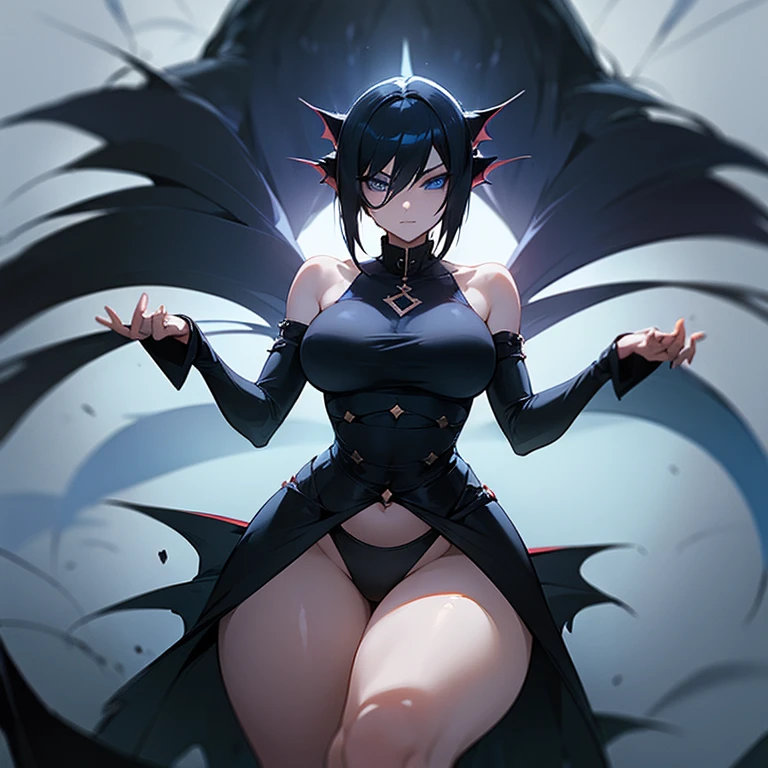 (((Alone))),(((Draconian Woman))),(((Hair black as night))),(((Deep blue eyes))),((( Thin waist))),(((Large breasts))),(((Thick thighs))),(((Striking clothes)))