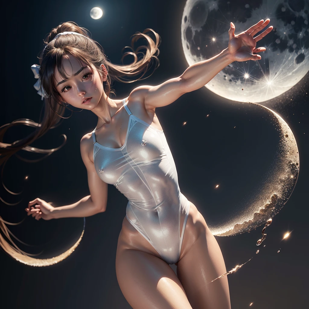 8K, highest quality, masterpiece, ultra high resolution,(realism: 1.5), Original photo, (realistic skin texture: 1.3), Japan's most beautiful idol Haruhi Suzumiya, (highest quality: 1.2), (super fine: 1.2), (very delicate and beautiful: 1.2), Film Angle, (beautiful detail eyes: 1.1), (detail light: 1.1), (Reality, photorealistic:1.37), (correct anatomy:1.37), Extremely transparent one-piece nightgown, Gymnastics wide spread legs, (high ponytail: 1.1), (moon: 1.2), (moonlight: 1.1), starry sky, (particles of light: 1.1), Cinematography, Worked, Elegant, methodical, Spectacular, maximum detail, very super aesthetic, intricately detailed, Gymnastics wide spread legs