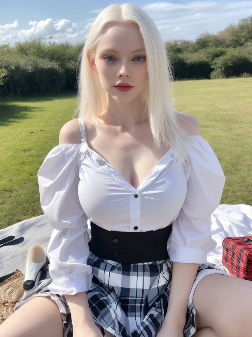 cute albino supermodel face, heart shaped face, small pug face, round vivid blue eyes, full lush lips, albino pale skin, perfect skin texture, real, soft shadows, no makeup, high cheekbones, big alien forehead, shoulder length loose white hair, small cute nose, strong jaw line, white eyebrows, head turned, eyes looking at camera, wind blowing hair, white hair, albino, White shirt ,checkered mini skirt ,black garter ,spread her legs ,big breasts , there are five girls with you, black haired girl next to , There are 4 blonde girls next to you, They are having a picnic