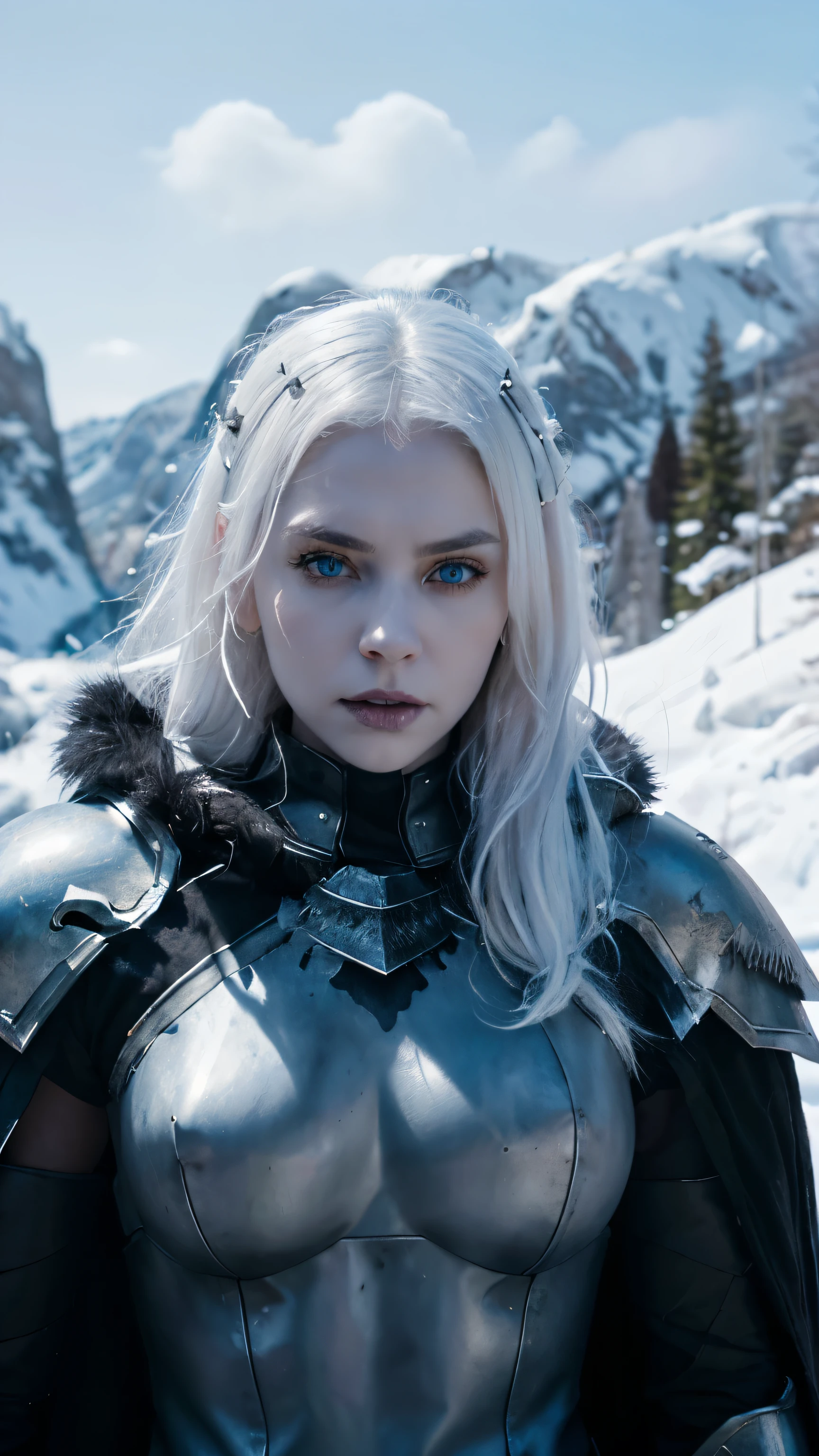 A portrait photo of beautiful girl, undead girl, scary face, pale white skin and white hair, blue eyes, developed body, wearing heavy death knight armor , black colored armors, the armors is highly detailed engraved and embossed. Black furry cape, ice hills background, snowy and icy environment, hyper realistic photo, medium shot, fantasy photo