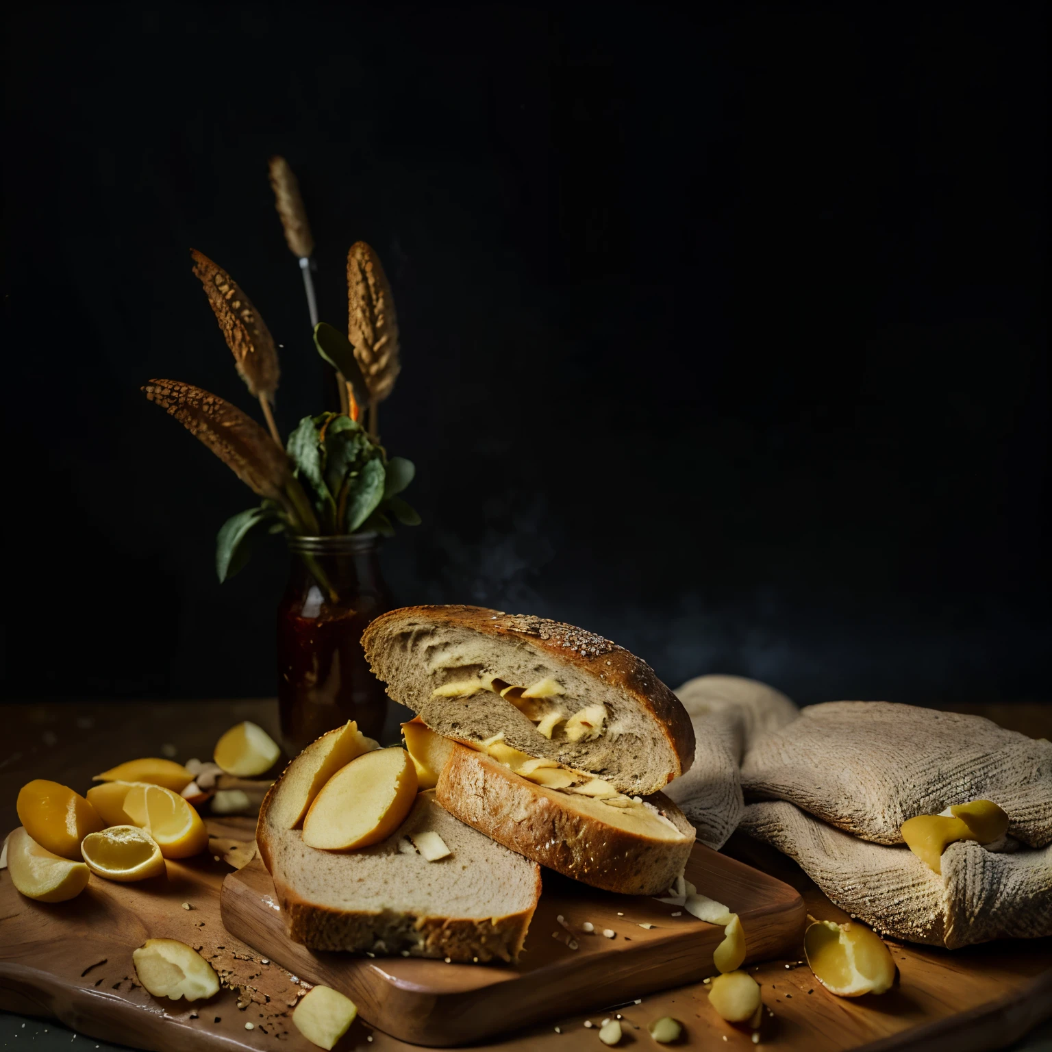 there are many different types of bread and vegetables on the table, food photography gourmet, culinary art photography, award winning food photography, professional food photography, food photograph, food styling, high quality food photography, food photography, inspired by Normand Baker, inspired by Pieter Claesz, dark vignette, evening light, shot with sony alpha 1 camera, hd food photography