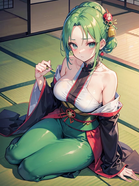 , 1 (Realistic drawing), 8K,ultra,Young woman,light green hair,green eyes,sitting on his knees,I look at the viewer, anime coloring pages, on open air, traditional or waving clothes, (kimono),(Best quality,4k,8K,a high resolution,masterpiece:1.2),realistic,ultra detailed,sexual,Irene Belserion (Fairy Tail)dark green eyes,excited facial expression,((big 1.2)),sitting,severed heads of enemies on the ground,dynamic action pose,power and authority,fatal blows and parries,strong female protagonist,,determination in her eyes,confident and fearless,scenic sunset lighting,Bright colors,muscular build,slim and fit figure,epic fantasy work,sexy,(Kimano),I will give