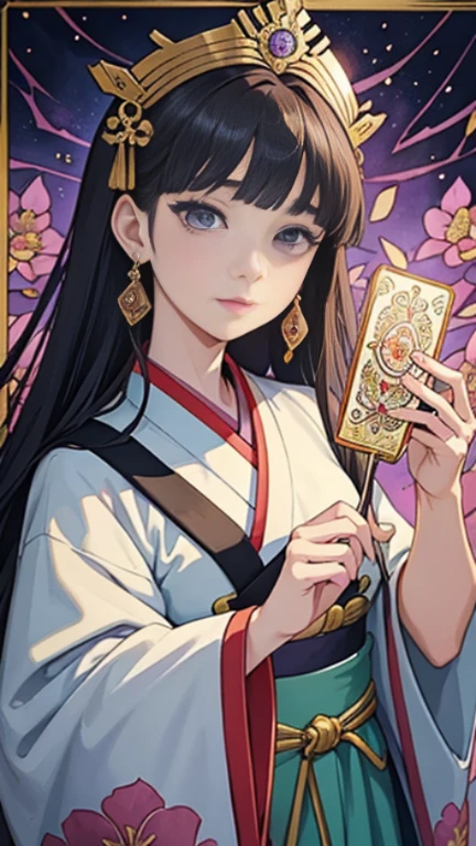 Classical tarot card style, alcohol ink painting stlye, Anime, Korean traditional luxury queen hanbok,  A very beautiful Korean girl, Glamorous, Perfect extreme close up face, Perfect figure, perfect finger, Women are surrounded by complex designs and colorful flowers in traditional Korean patterns, Background is reminiscent of stained glass or elaborate metalwor