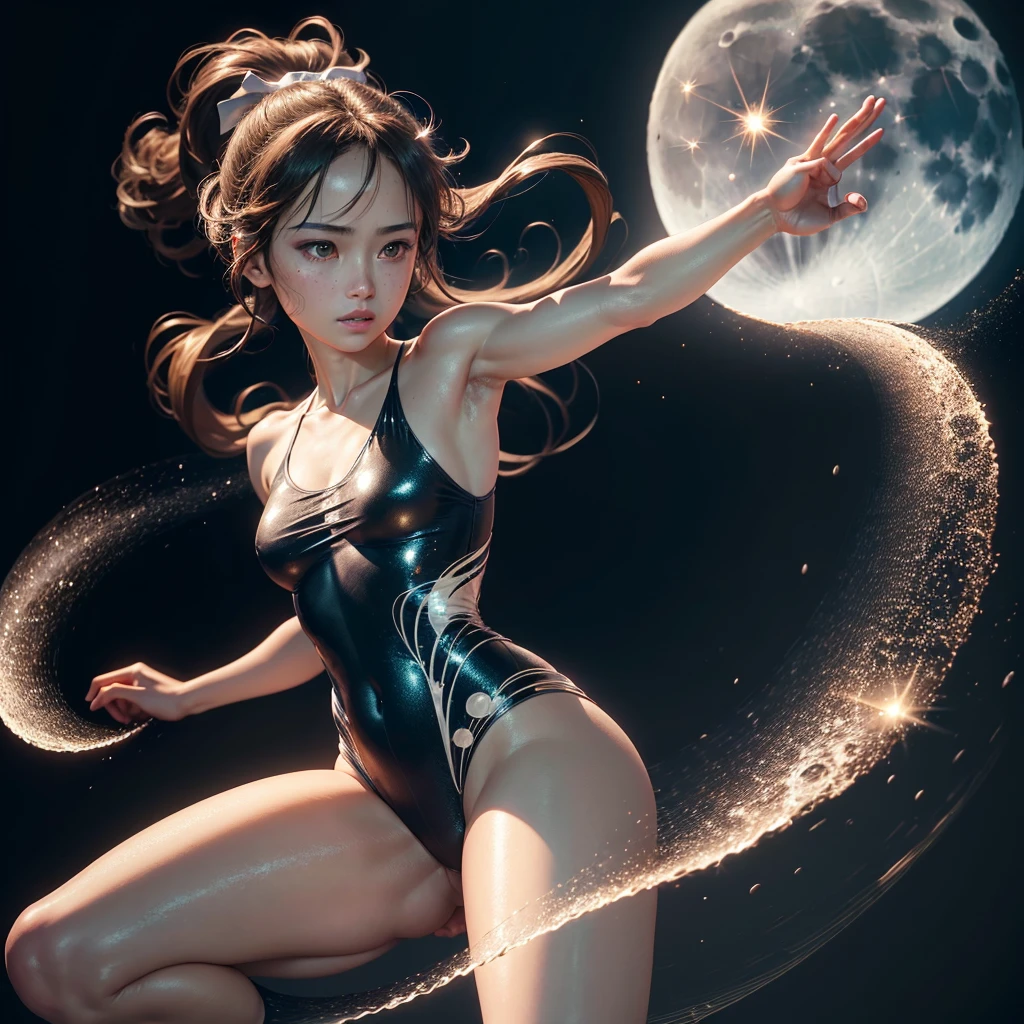 8K, highest quality, masterpiece, ultra high resolution,(realism: 1.5), Original photo, (realistic skin texture: 1.3), Japan's most beautiful idol Haruhi Suzumiya, (highest quality: 1.2), (super fine: 1.2), (very delicate and beautiful: 1.2), Film Angle, (beautiful detail eyes: 1.1), (detail light: 1.1), (Reality, photorealistic:1.37), (correct anatomy:1.37), Extremely transparent one-piece nightgown, Gymnastics wide spread legs, (high ponytail: 1.1), (moon: 1.2), (moonlight: 1.1), starry sky, (particles of light: 1.1), Cinematography, Worked, Elegant, methodical, Spectacular, maximum detail, very super aesthetic, intricately detailed, Gymnastics wide spread legs