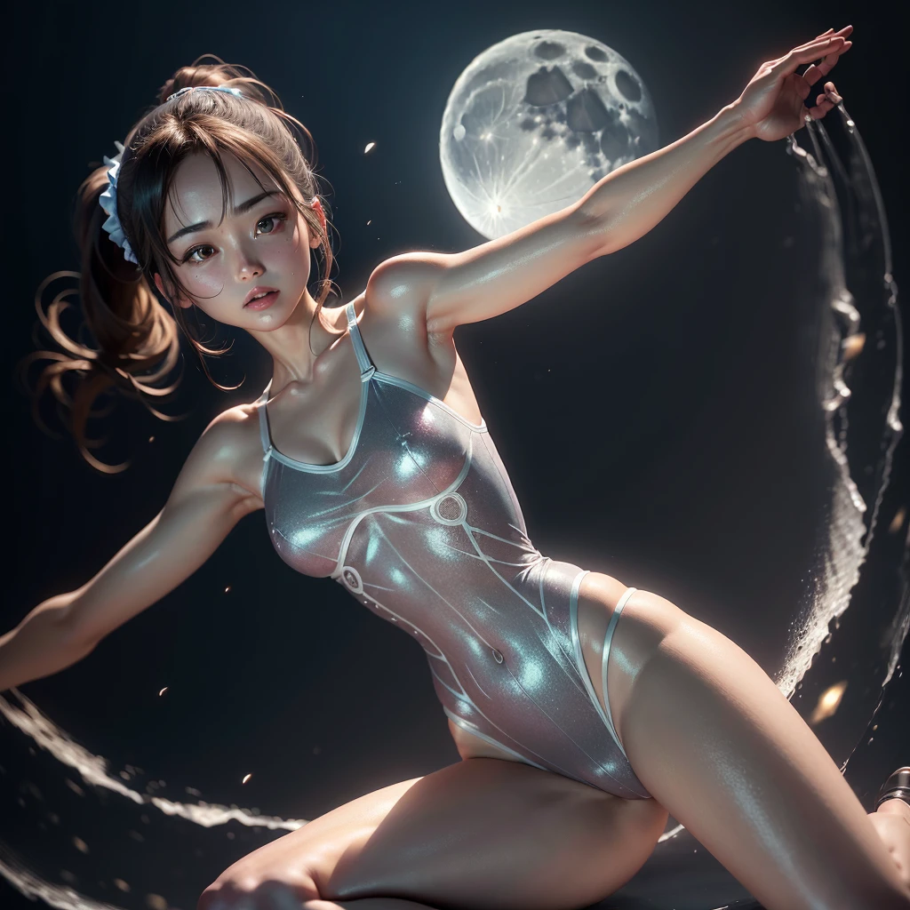 8K, highest quality, masterpiece, ultra high resolution,(realism: 1.5), Original photo, (realistic skin texture: 1.3), Japan's most beautiful idol Haruhi Suzumiya, (highest quality: 1.2), (super fine: 1.2), (very delicate and beautiful: 1.2), Film Angle, (beautiful detail eyes: 1.1), (detail light: 1.1), (Reality, photorealistic:1.37), (correct anatomy:1.37), Extremely transparent one-piece nightgown, Gymnastics wide spread legs, (high ponytail: 1.1), (moon: 1.2), (moonlight: 1.1), starry sky, (particles of light: 1.1), Cinematography, Worked, Elegant, methodical, Spectacular, maximum detail, very super aesthetic, intricately detailed, Gymnastics wide spread legs