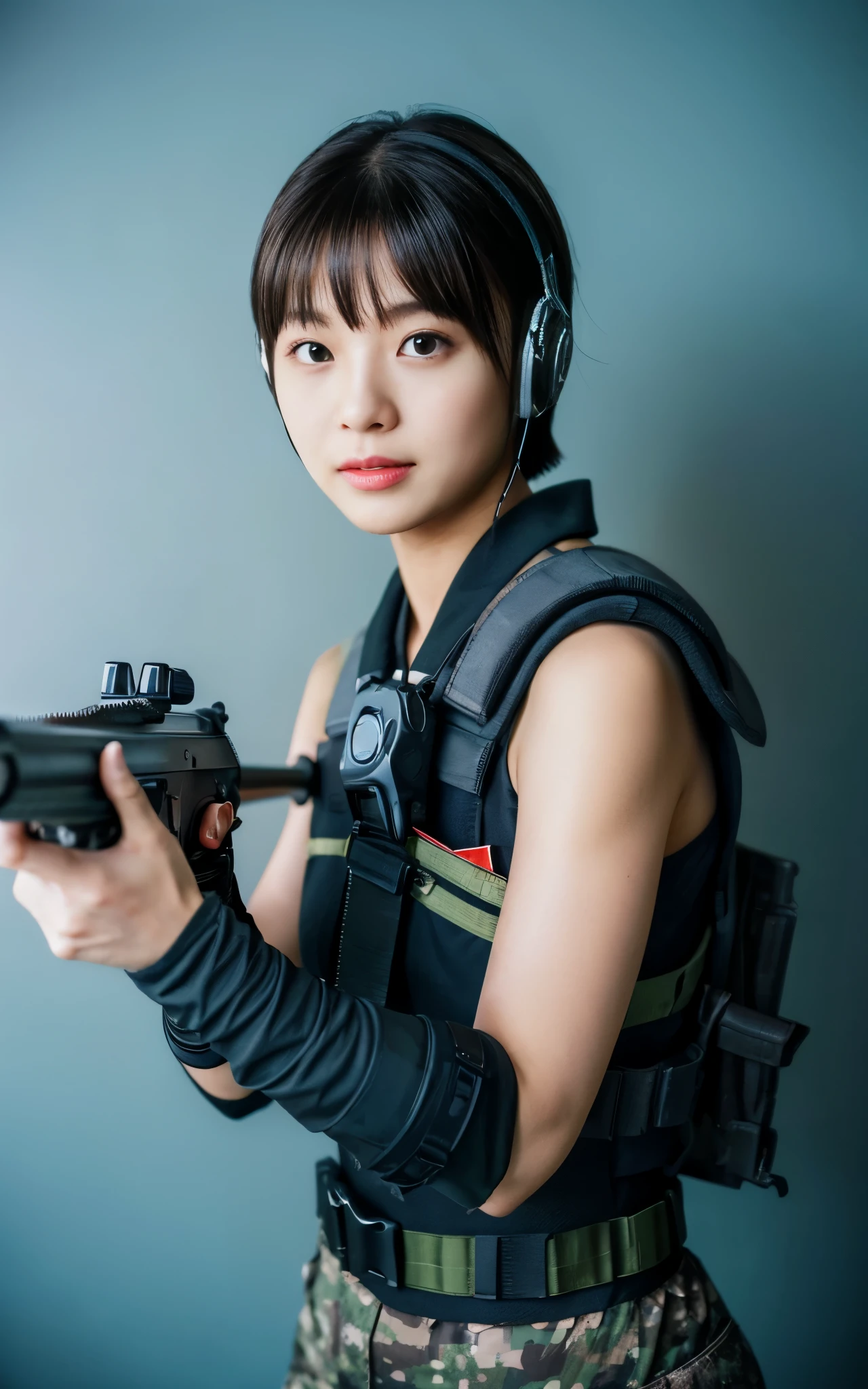 ((Best Quality, 8K, Masterpiece: 1.3)), ((best quality)), photorealistic, photorealism, Photorealistic, high resolution, 1girl aiming with an ak-47 assault rifle, Combat pose, looking at the camera, (Detailed face), short hair, (wearing red rubber suit, tactical vests, military harness, black gloves, high-tech headset), cloths color based on black dark blue), revealed thigh, Gun, Fingers are occluded, concrete wall background,