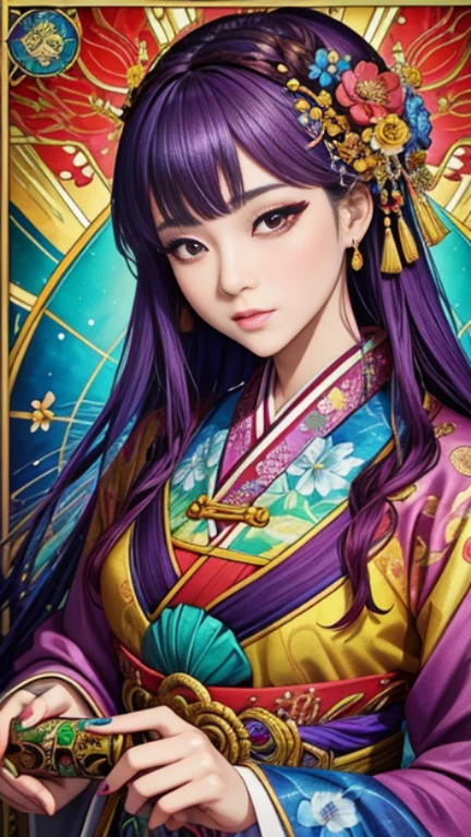 Classical tarot card style, alcohol ink painting stlye, Anime, Korean traditional luxury queen hanbok,  A very beautiful Korean girl, Glamorous, Perfect extreme close up face, Perfect figure, perfect finger, Women are surrounded by complex designs and colorful flowers in traditional Korean patterns, Background is reminiscent of stained glass or elaborate metalwor