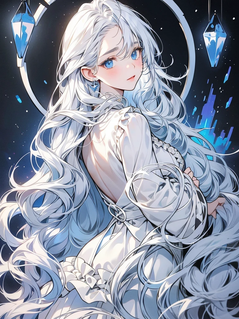 A young woman, White long wavy hair with blue strikes, heterochromia eyes, right eye light blue, left eye dark blue, skin white as a snow, small face, big doe eyes with long black eyelashes, small flushed slips, has an ethereal look, hourglass body. She wore a mix of dark blue, light blue, and white suit with ruffles.